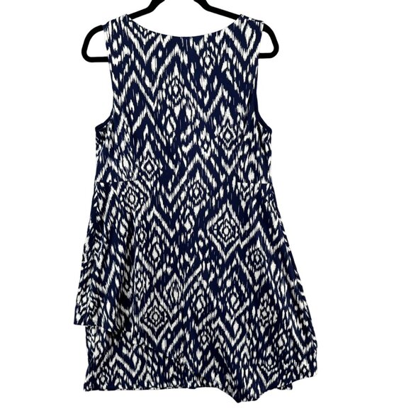 AB Studio Ikat Mini Dress Blue White Sleeveless Lined Stretch Pullover Size L - Picture 2 of 9